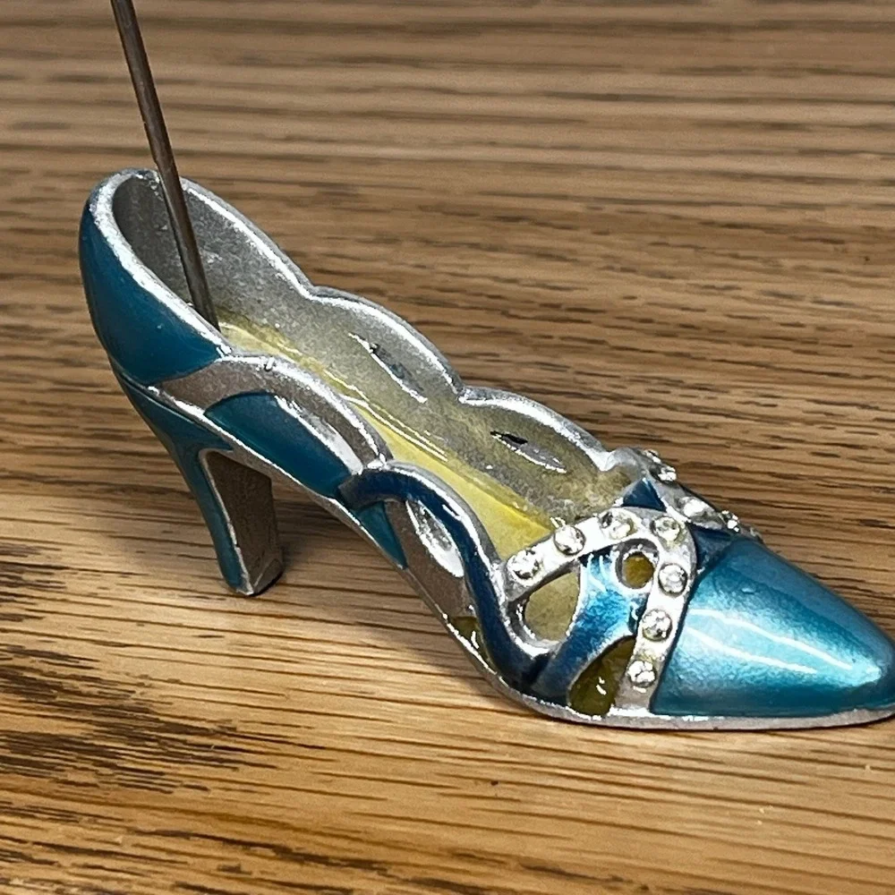 Vintage Teal Rhinestone High Heel Shoe Metal‎ Place Card Holder Photo Clip Decor